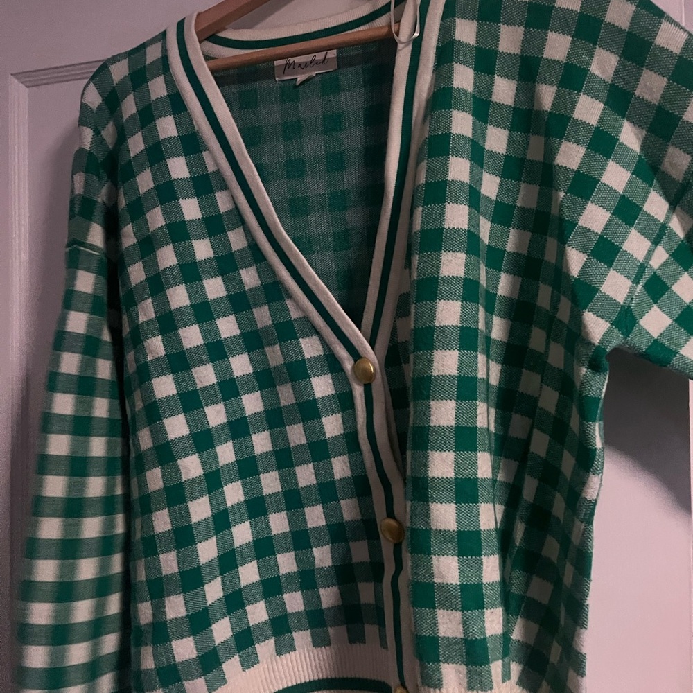 Marled Green and White Checkered Cardigan